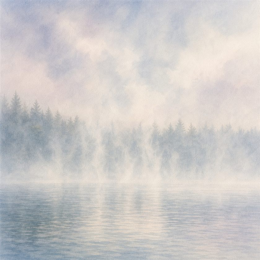 Mist rising over a still, pale-blue lake at dawn